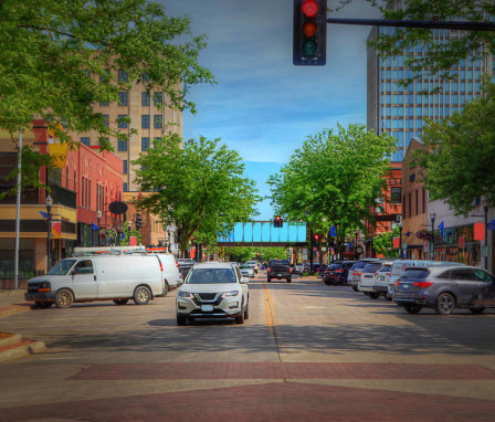 A street in Fargo, North Dakota on a sunny day