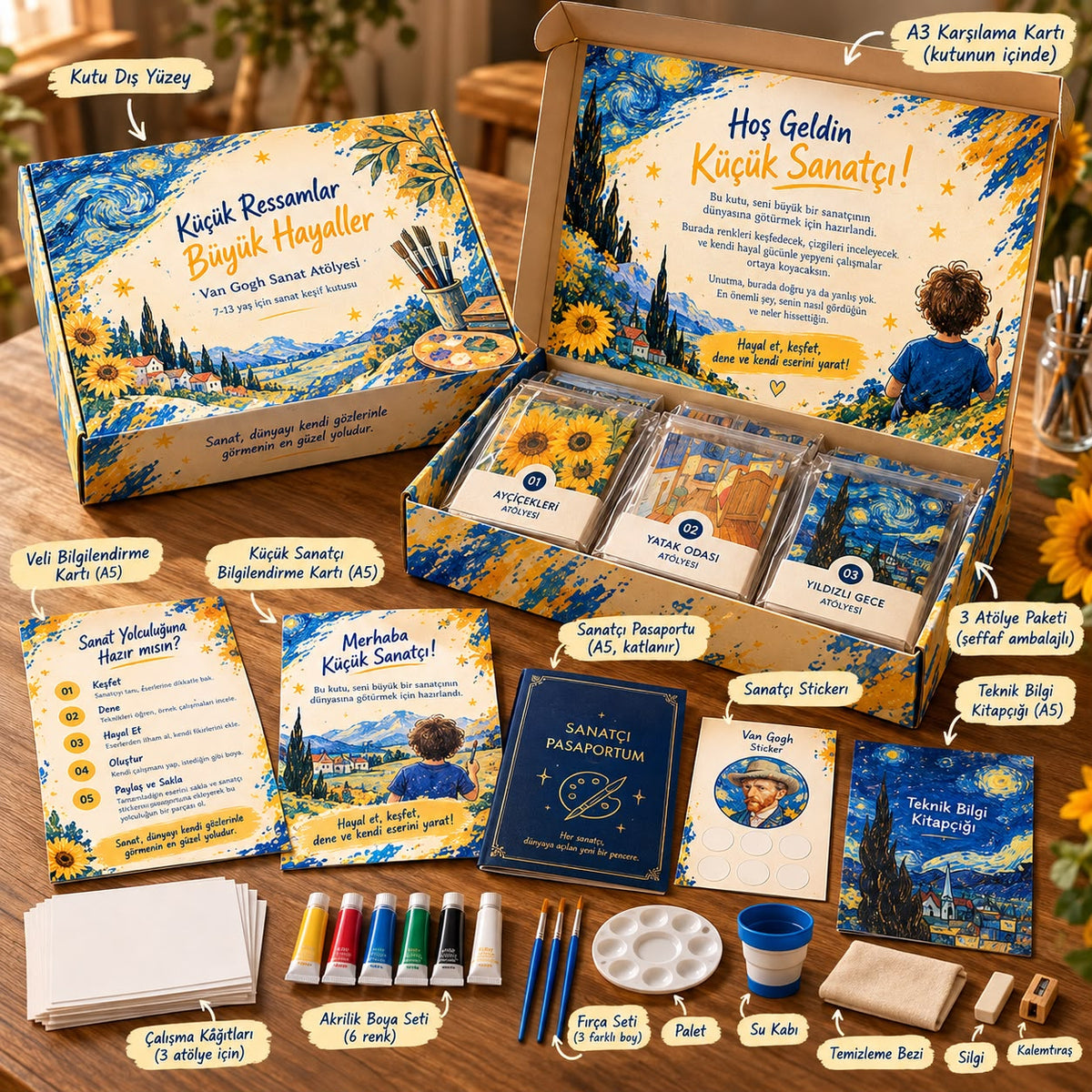 Van Gogh kutusunun içeriği: atölye paketleri, pasaport, boyalar ve fırçalar